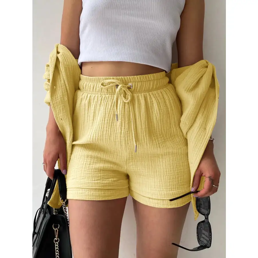 Relaxed Textured Button Up Shirt and Shorts Set