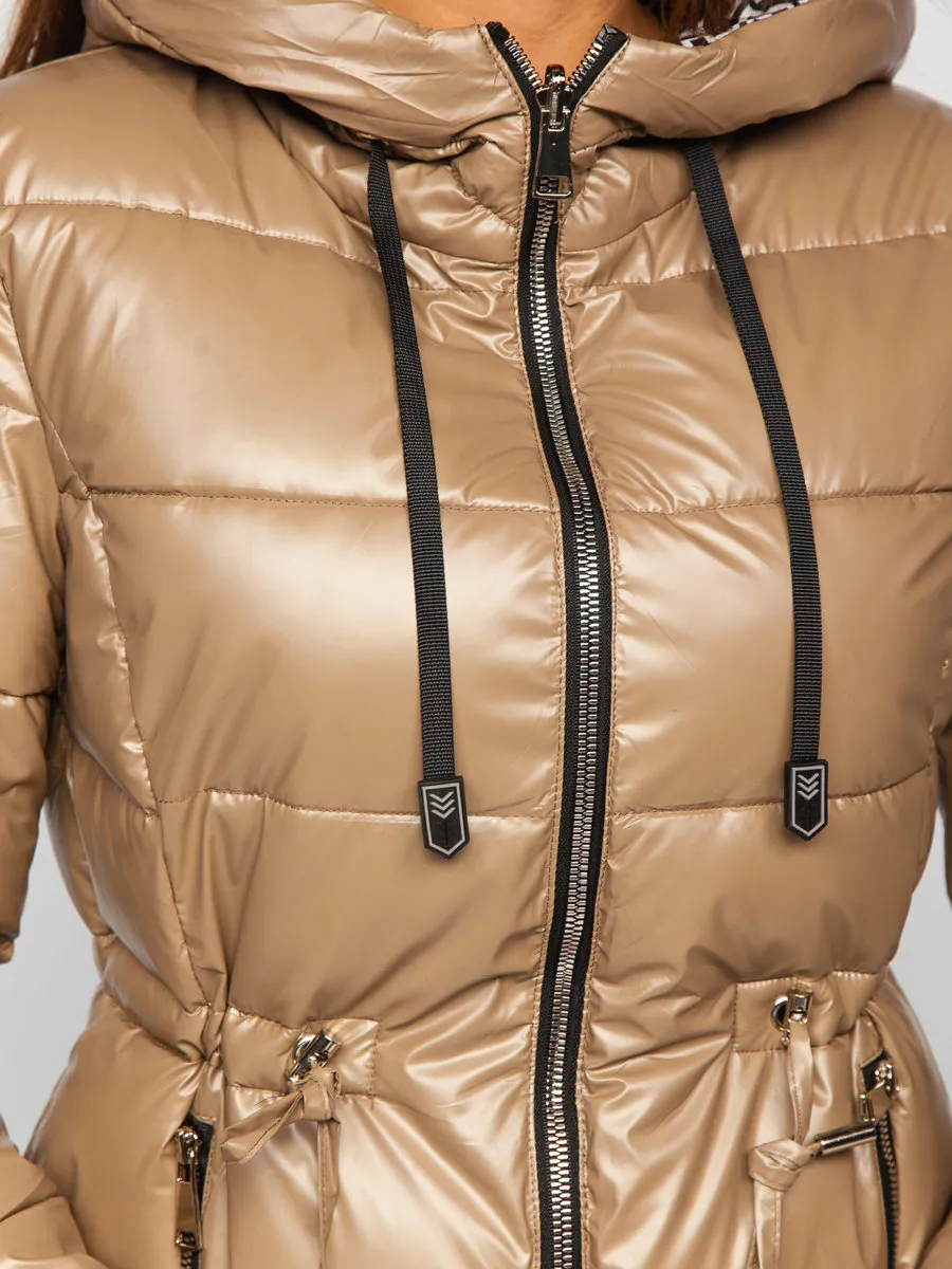 Beige long double-sided quilted winter jacket with hood for women