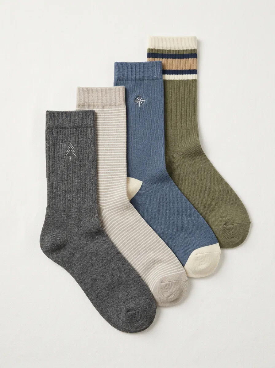 Pine Tree Motif Compass Motif Striped Tree Motif Men's Crew Socks Four-Pair Pack
