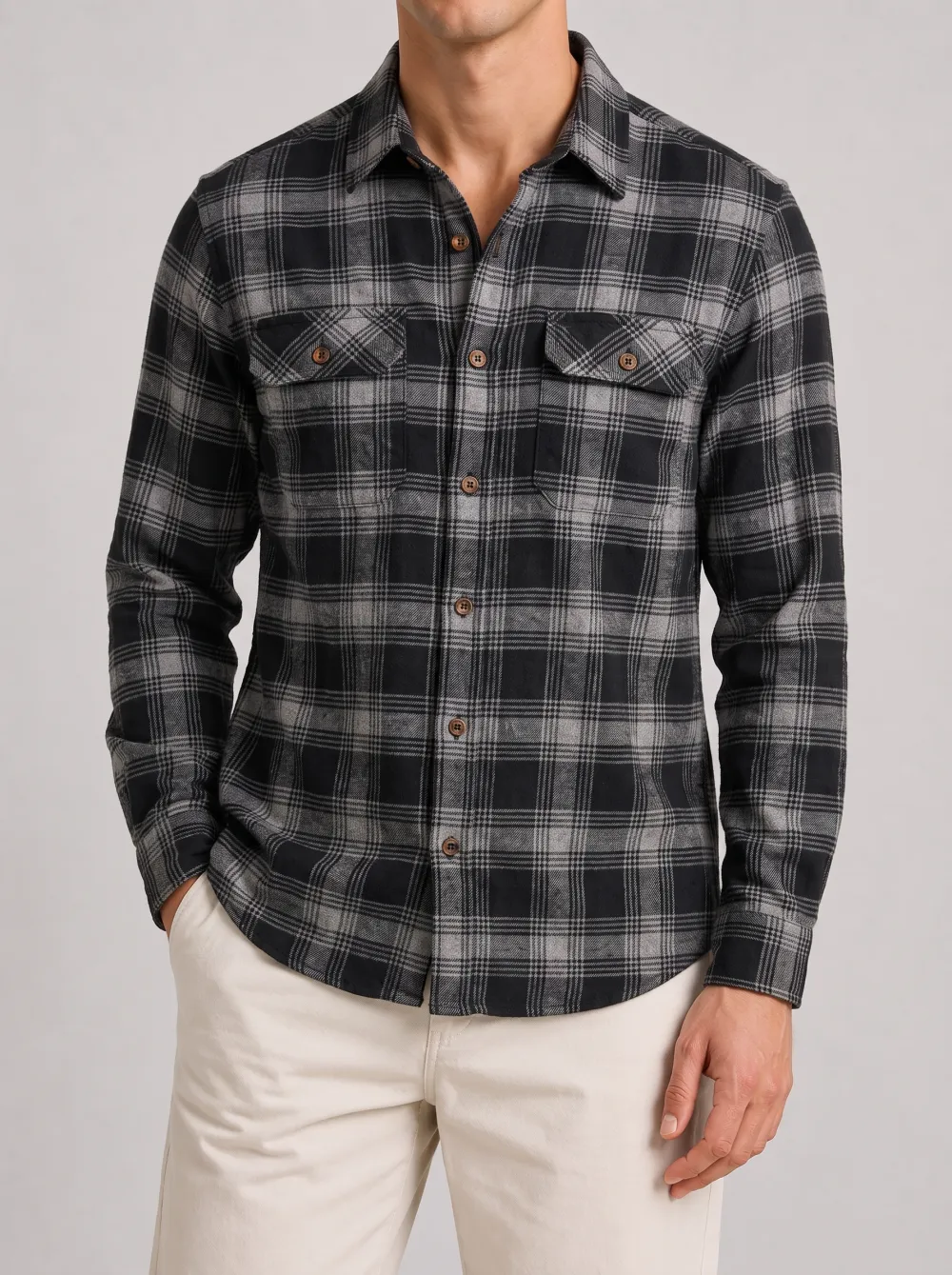 Men's Casual Grey Black Plaid Pattern Printed Flannel Shirt