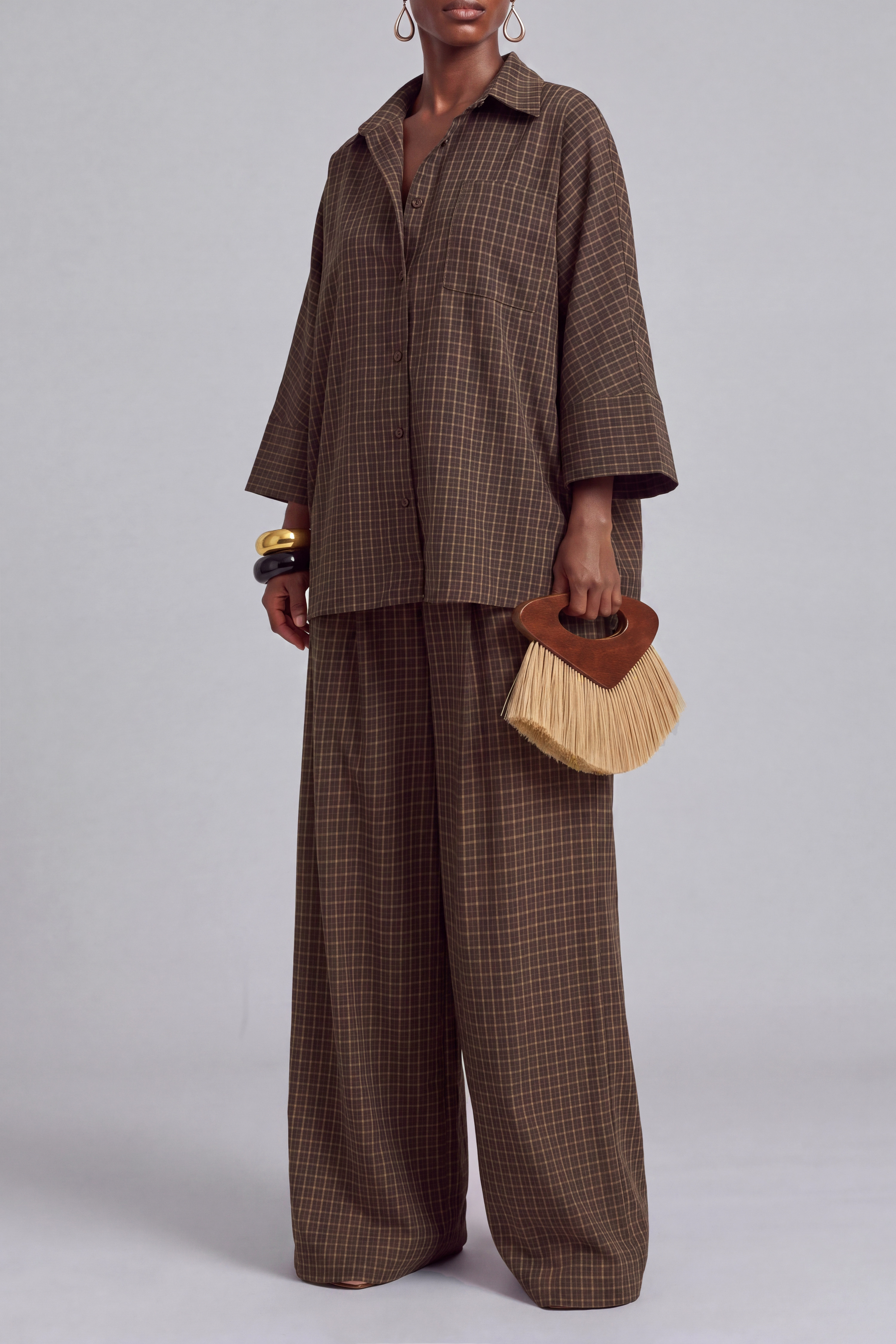 V Neck Button Front Plaid Matching Pants Set