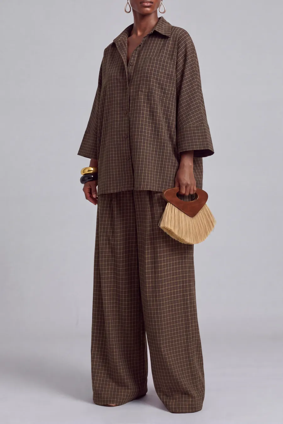 V Neck Button Front Plaid Matching Pants Set