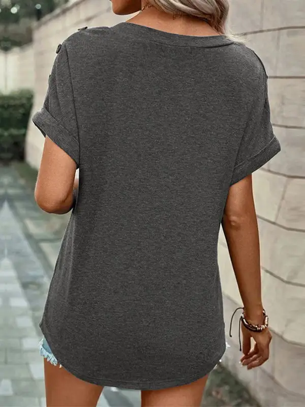 Relaxed Short Sleeve Button Detail V-Neck Polyester T-Shirt