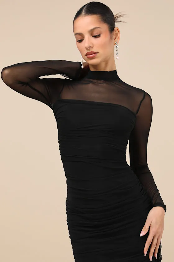 Impressive Flirt Black Mesh Ruched Mock Neck Midi Dress