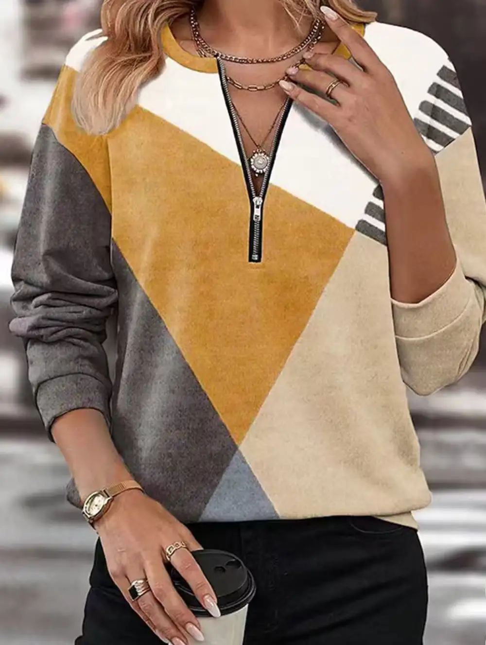 Panel Loose V Neck Sweatshirt