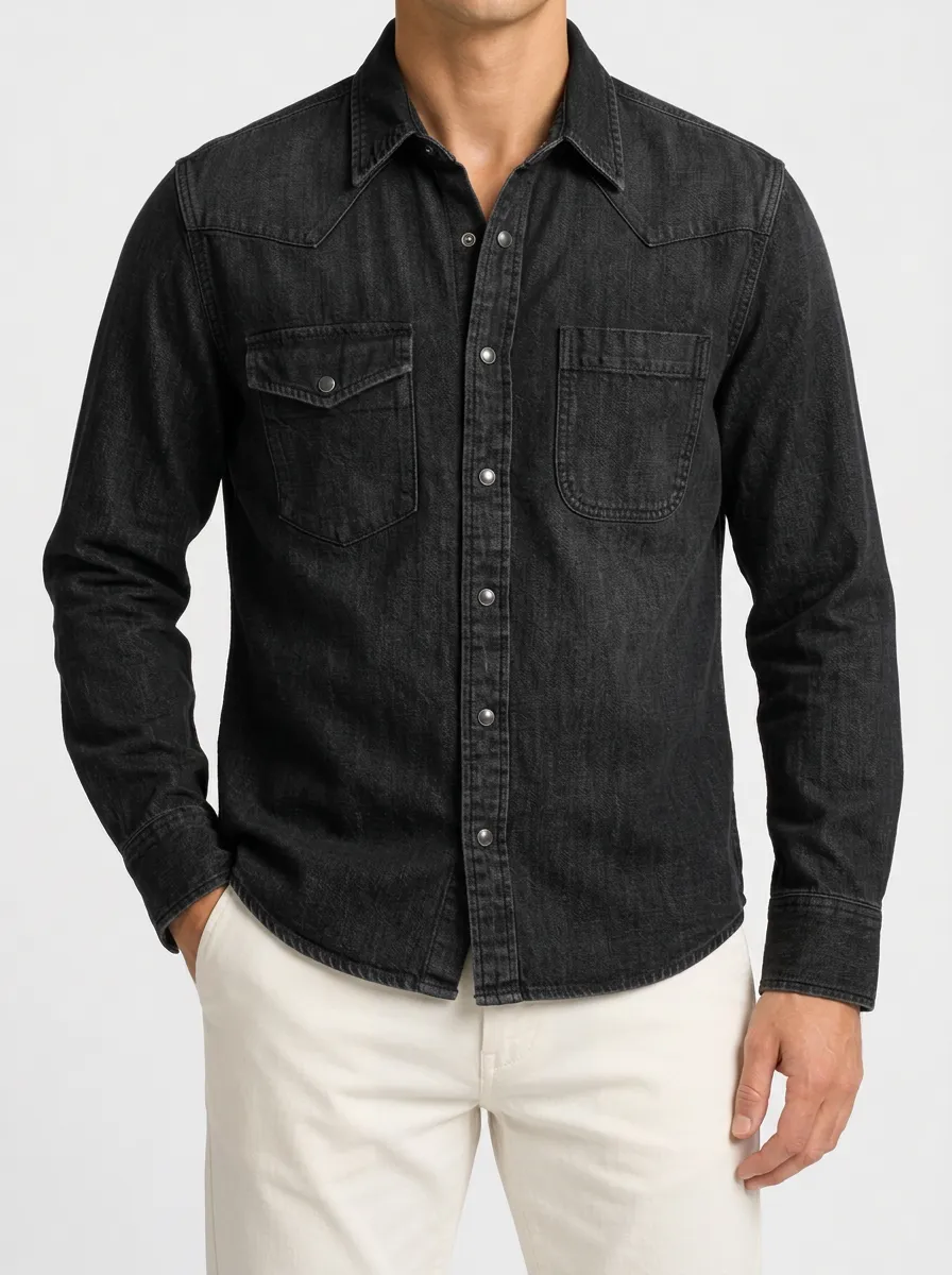 Men's Washed Denim Front-Opening Shirt