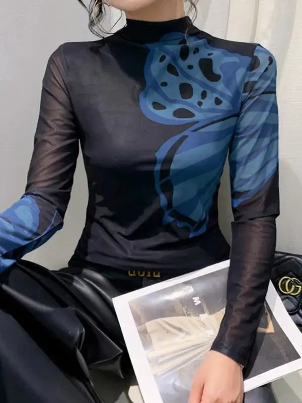 Long Sleeve Slim Fit Butterfly Print Panel Detail Mock Neck T-Shirt