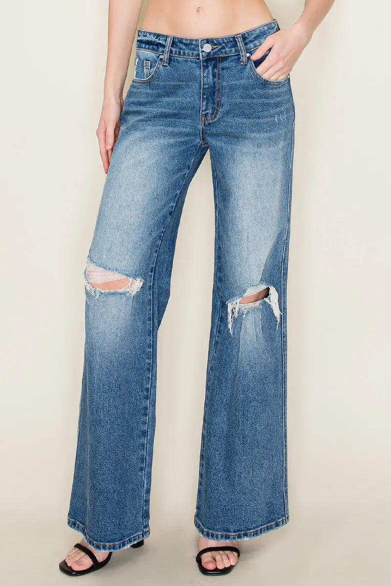 Women's Mid Rise Distressed Knee Distressed Wide Leg Stretch Denim Jeans