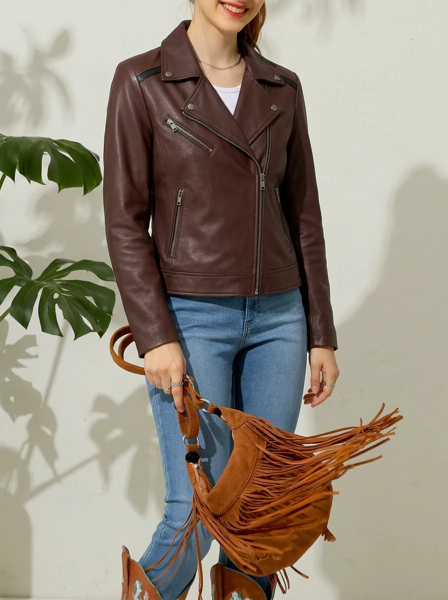 Women's Brown Faux Leather Biker Waist-Length Jacket