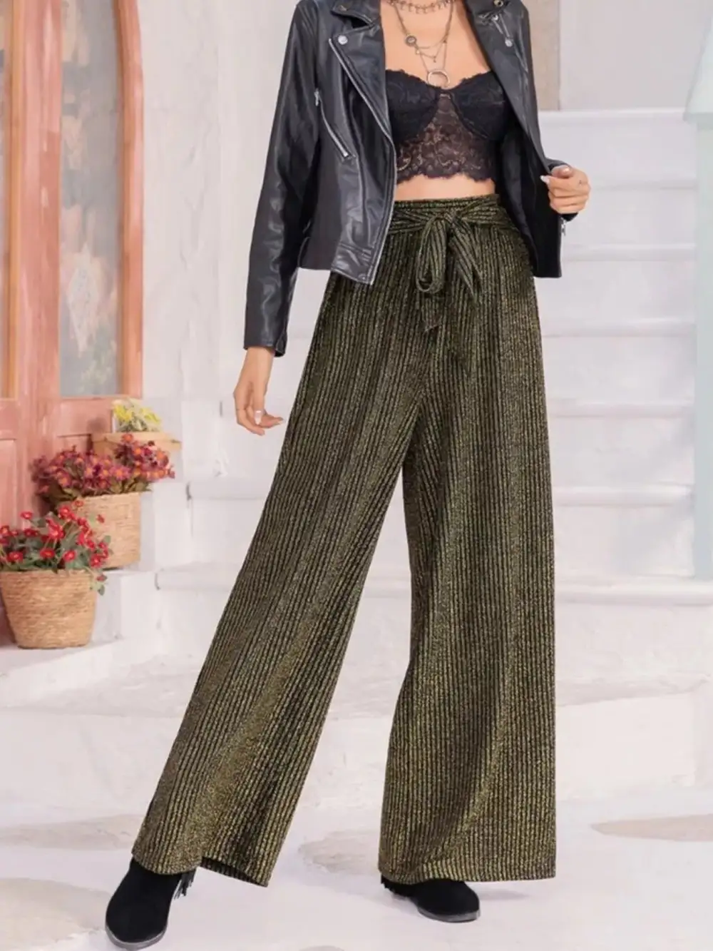 Wide Leg High Waist Striped Drawstring Pants