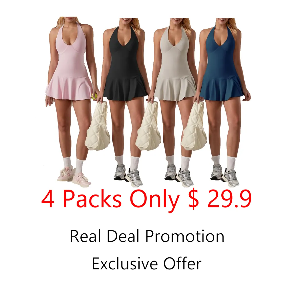 Women's Halter Backless Sporty Dress , Hidden Pockets, Soft Stretch , Ideal for Yoga, Tennis , Gym