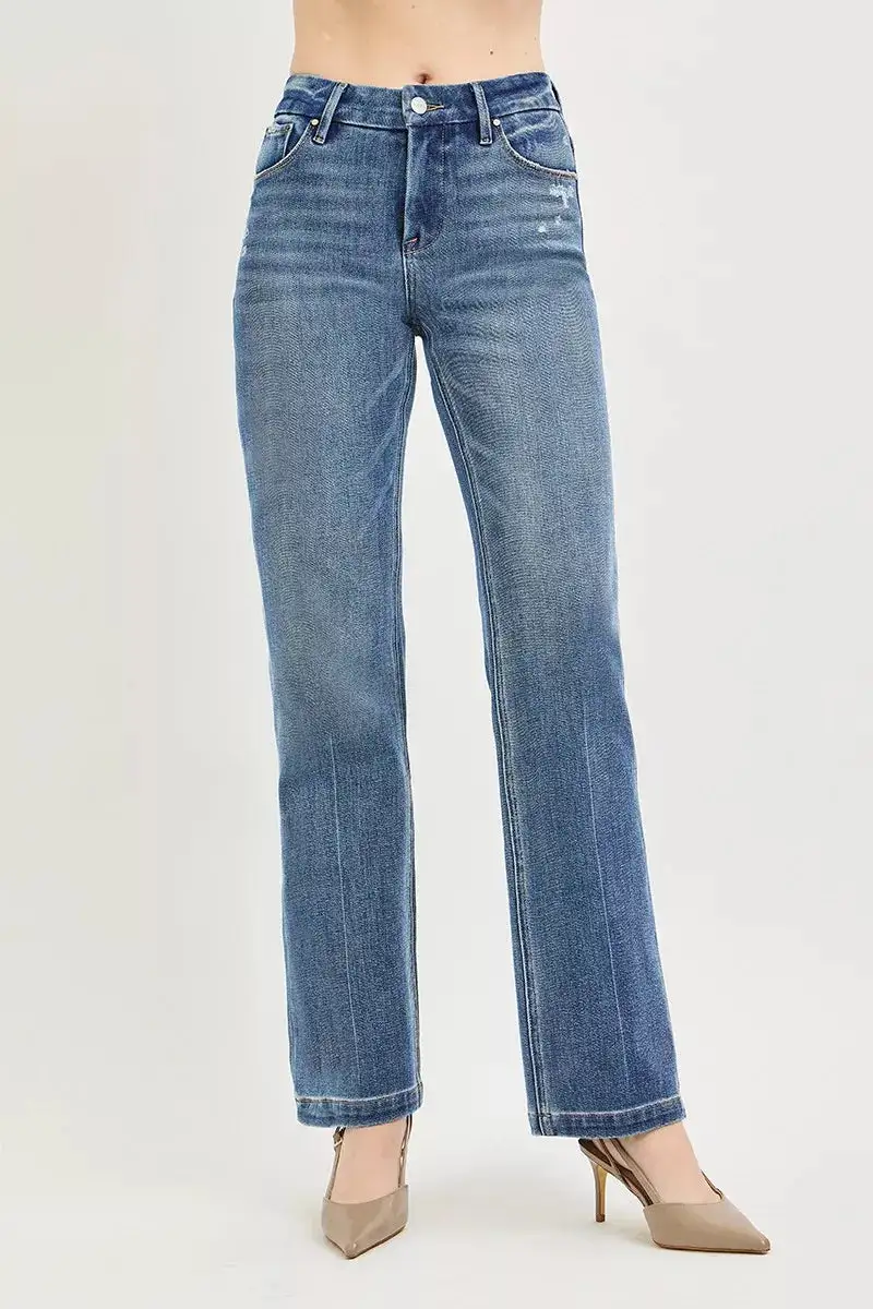 Mid-Rise Relaxed Washed Crease-Line Straight Leg Jeans