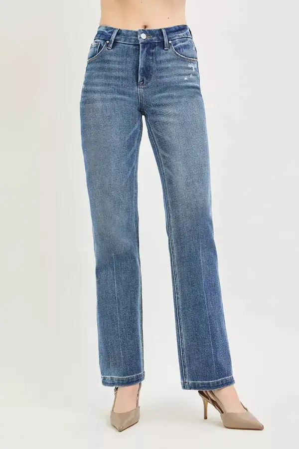 Mid-Rise Relaxed Washed Crease-Line Straight Leg Jeans