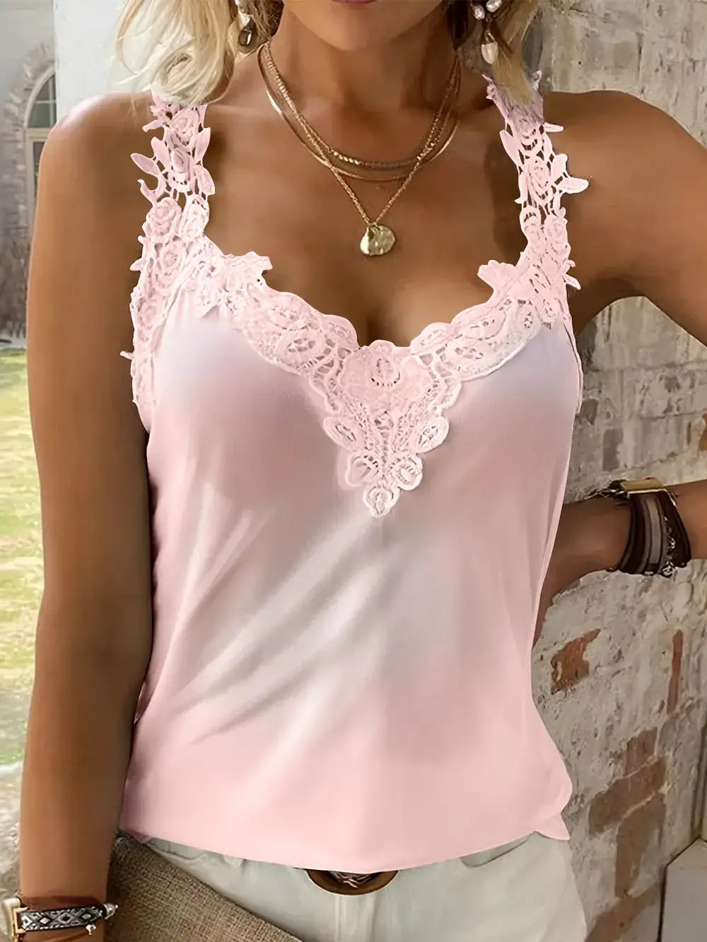 Lace Detail V-Neck Tank Polyester Blend