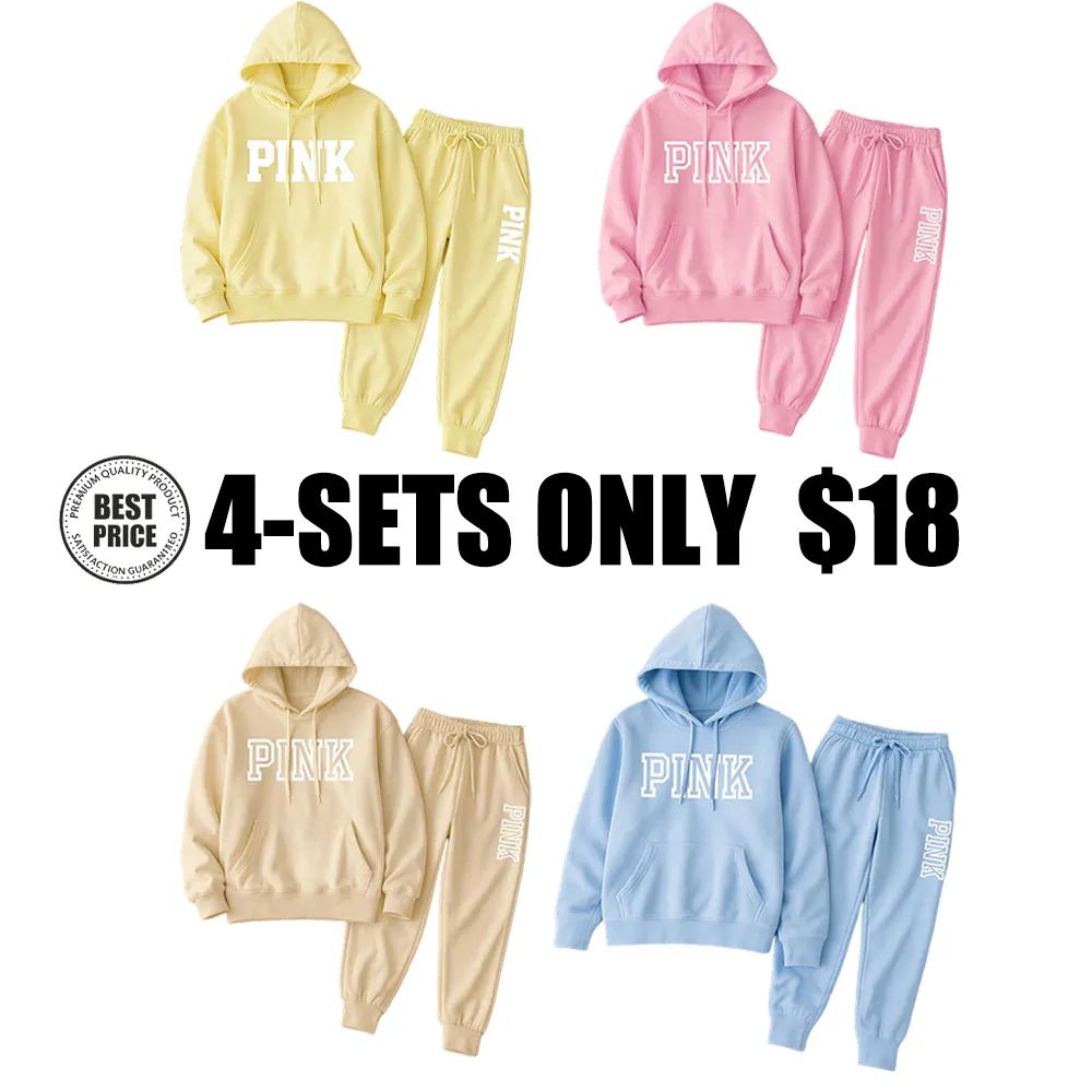 Women's Pink Print Hoodie And Drawstring Track Pants Set