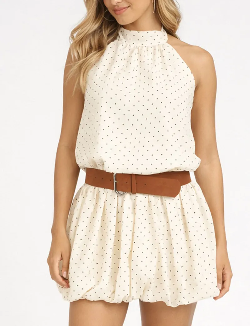 Chic Polka Dot Bubble Hem Halter Belted Mini Dress