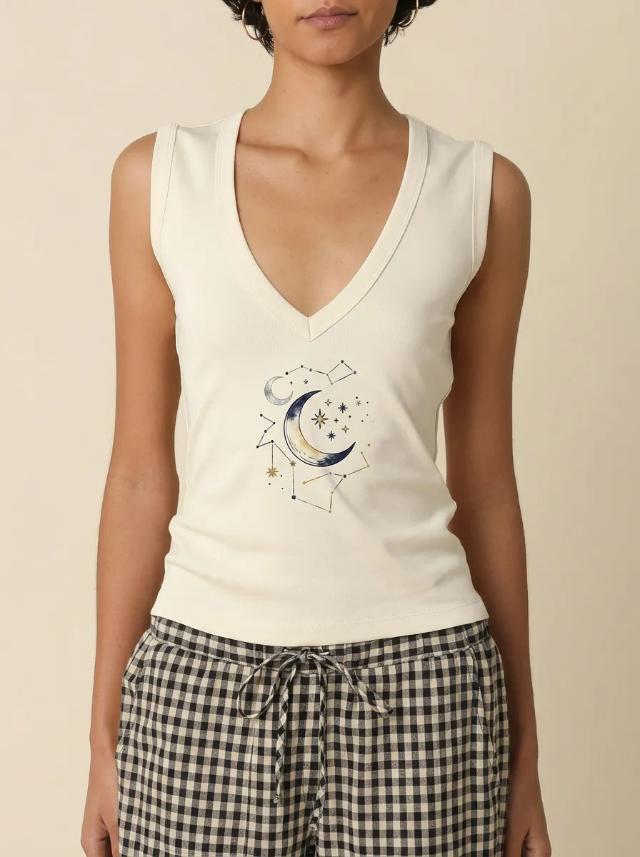 Women's Celestial Lover Moon Stars Constellation Printed V-neck Tank Top
