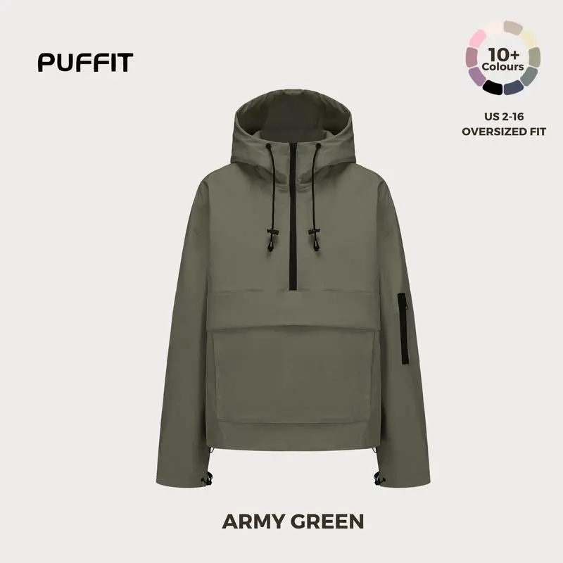 STM-TEX Waterproof Oversized Fall Hoodie Coat – Warm Half Zip Rain Jacket with Adjustable Waist, Hood & Cuffs