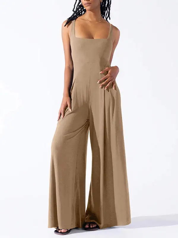 Losse Mouwloze Geplooide Effen Jumpsuits Met Spaghetti Hals
