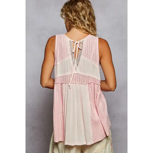 Lace Trim Two Tone Tank With Pintuck