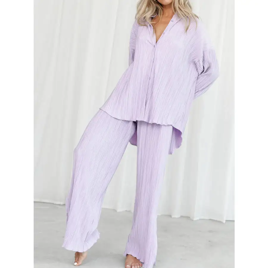 Button Up Long Sleeve Top and Pants Set