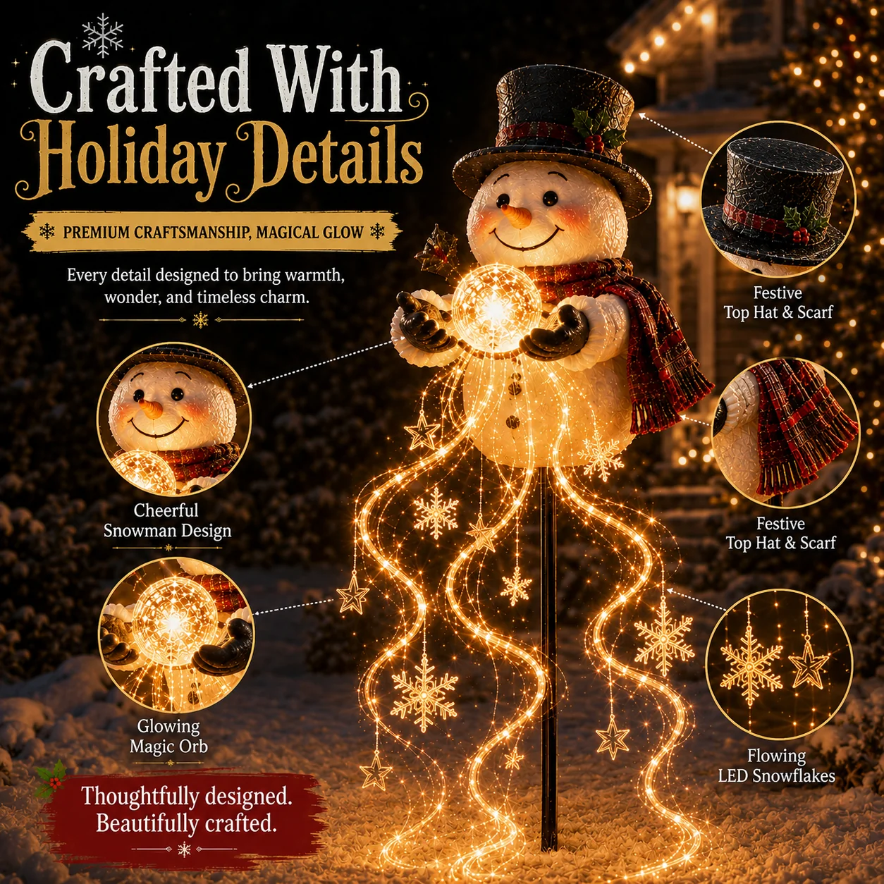 Close-up views of the snowman face, hat, scarf, globe and LED snowflakes