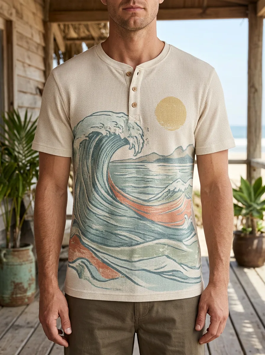 Men's Everyday Beach Lover Ocean Wave Sun Henley T-Shirt
