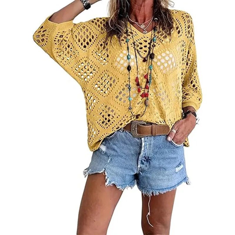 Women's Bohemian-Inspired Beige Crochet Top with V-Neck