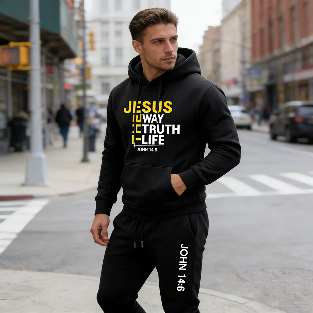Men's Jesus Letter Printed Hoodie and Sweatpants Set