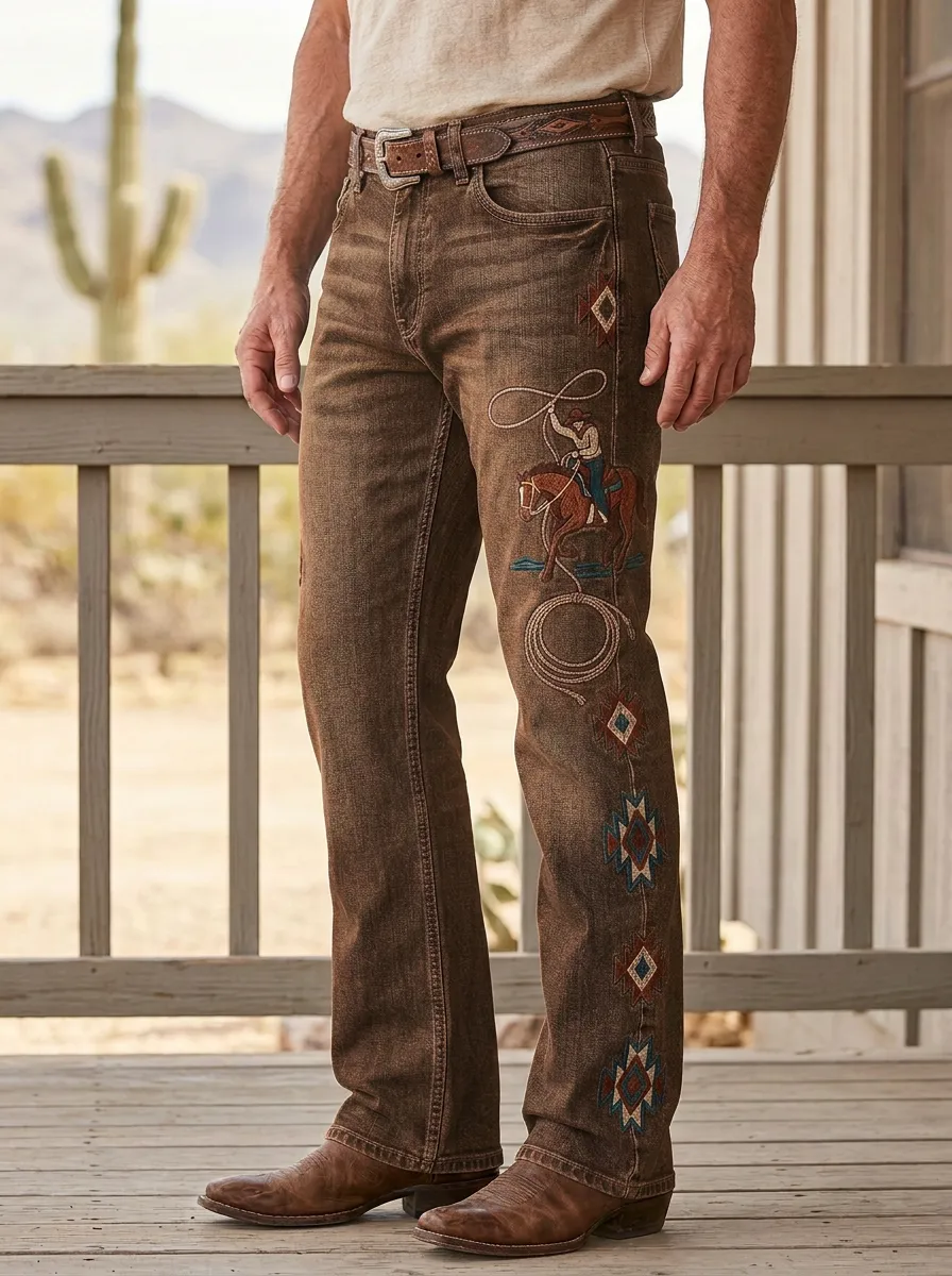 Men's Classic Western Cowboy Lasso Geometric Jeans