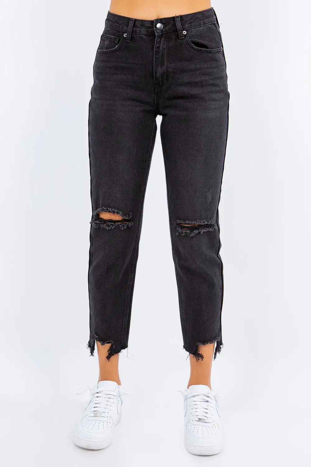 Contoured High Waist Straight Leg Distressed Denim Jeans