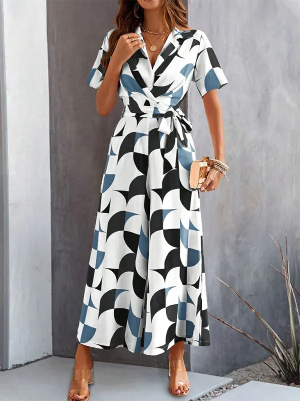 Temperament Short Sleeve Contrast Print High Shorts