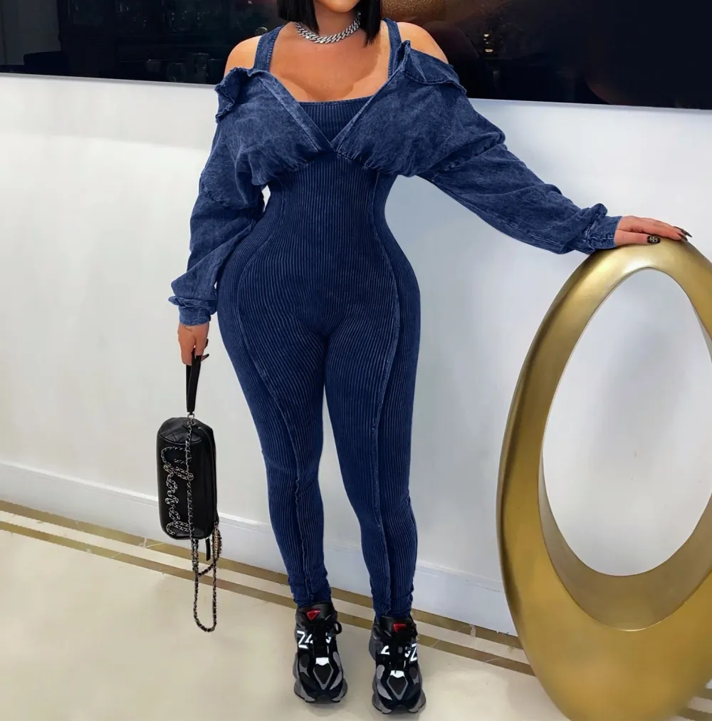 Off-Shoulder Ruffled Collar Long Sleeve Jumpsuit