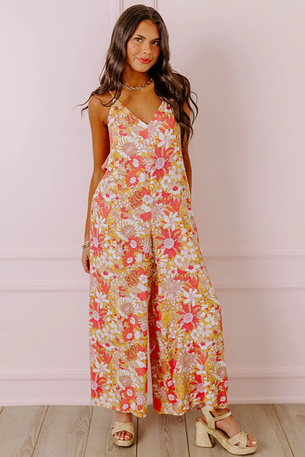 Floral V Neck Wide Leg Sleeveless Jumpsuit