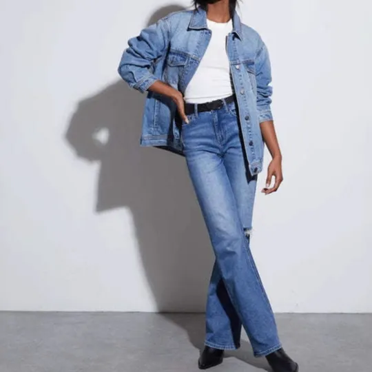 Textured Denim Casual Outerwear Jacket