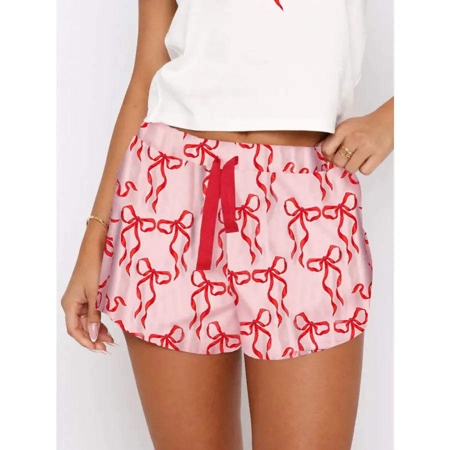 Printed Round Neck Short Sleeve Top and Drawstring Shorts Set