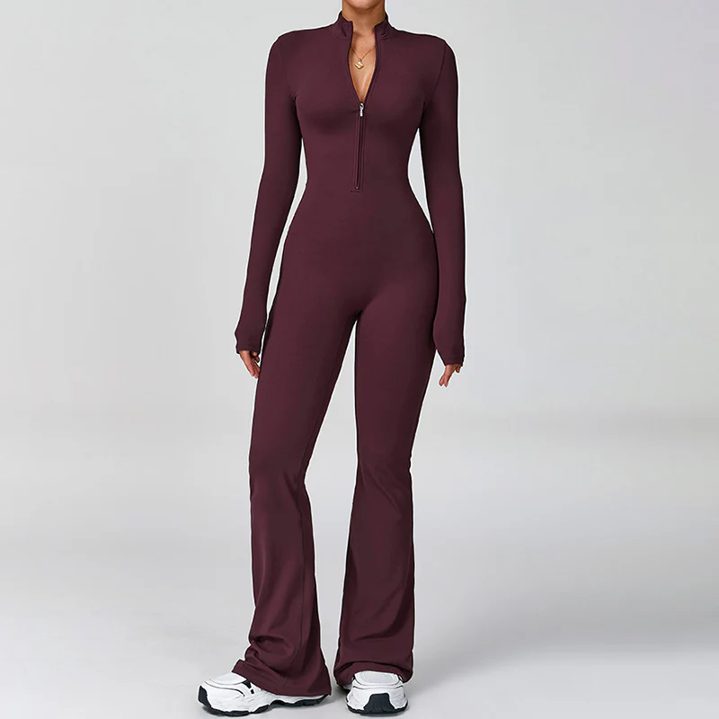 Half Zip Long Sleeve Flared Yoga Jumpsuit Set