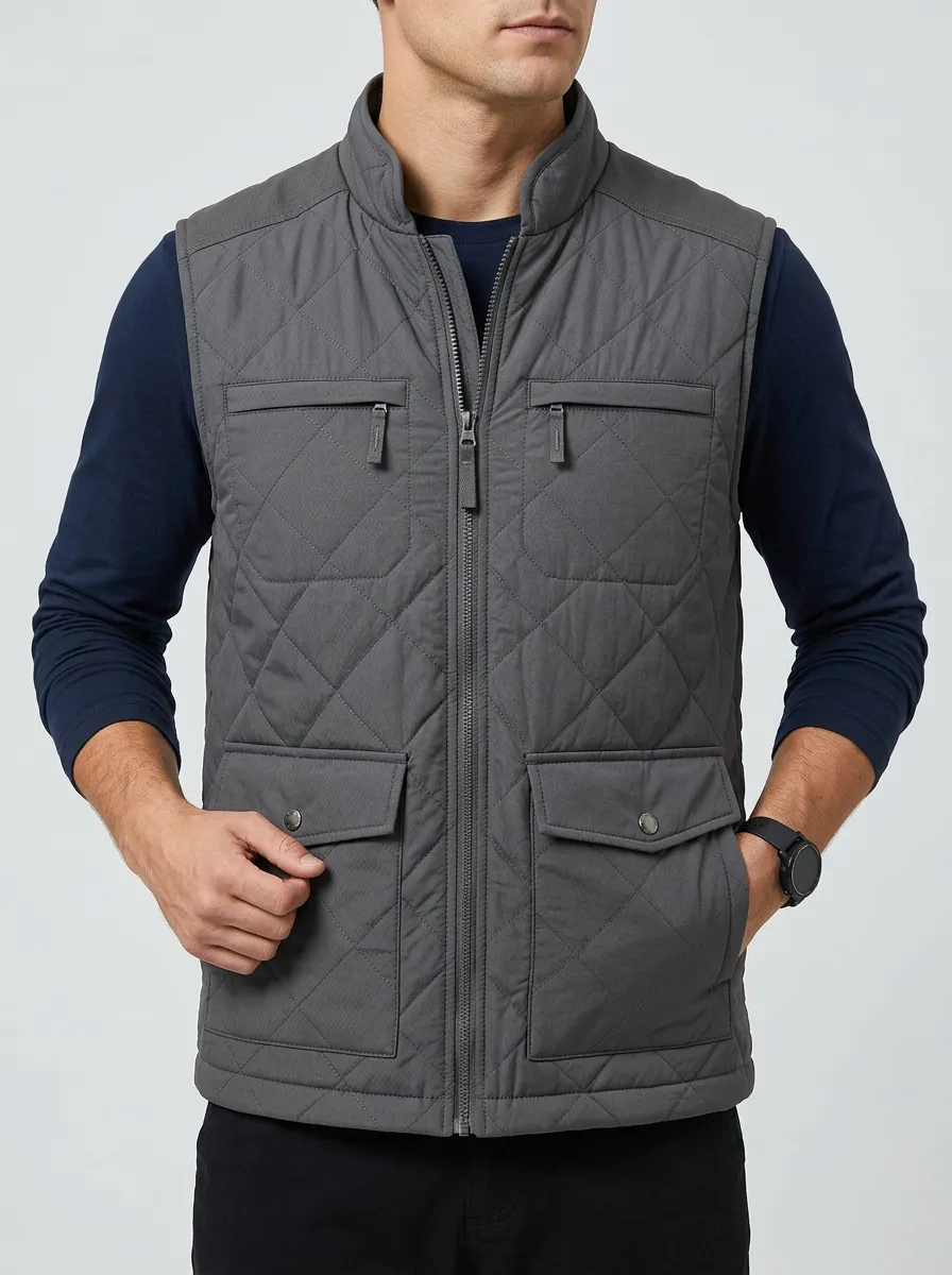 Men's Sleeveless Casual Outdoor-Style Quilt-Stitched Cushioned Look Layering Jacket