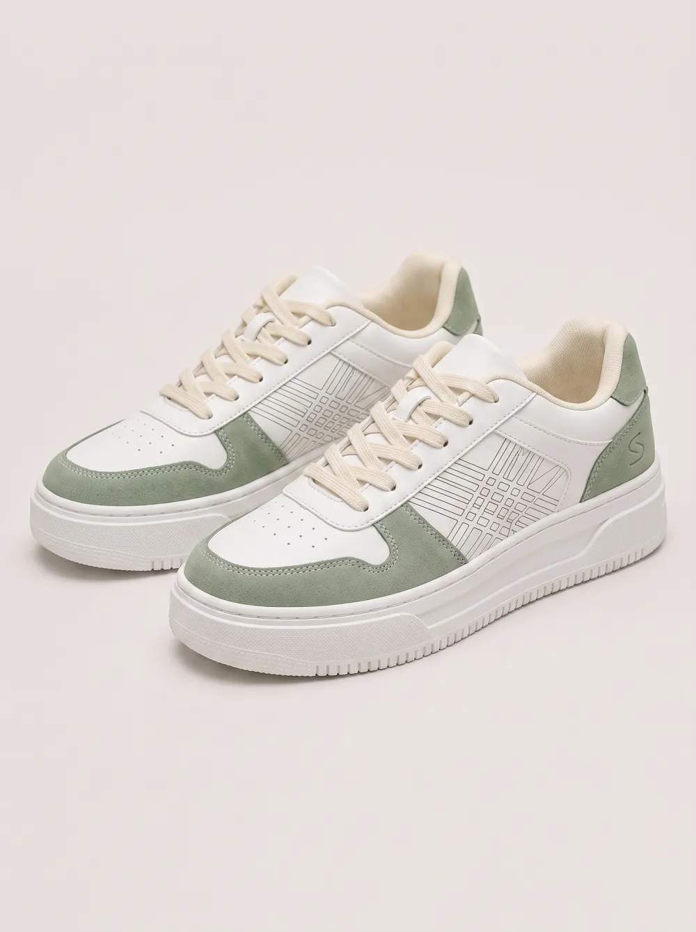 Men's Casual Sage Green Grid Pattern Printed Sneakers