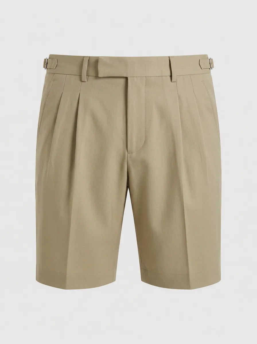 Men's Khaki Pleated Side-Buckle Tailored Shorts