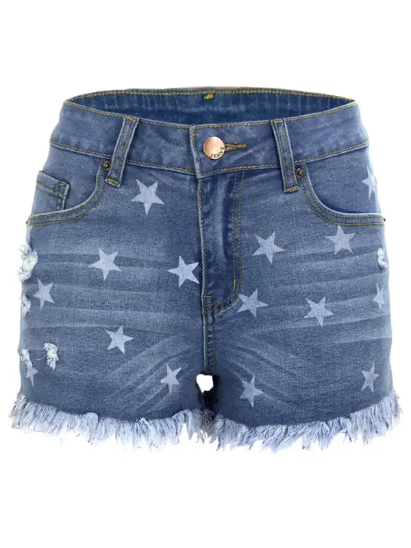 Fringe Pentagram Print High Waist Shorts Denim Pants