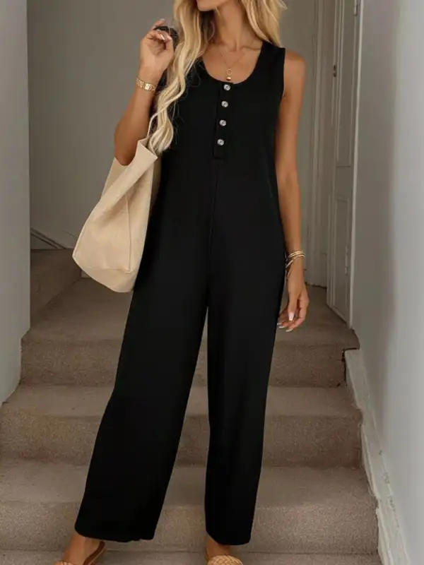 Sleeveless Button Front Wide Leg Everyday Jumpsuit