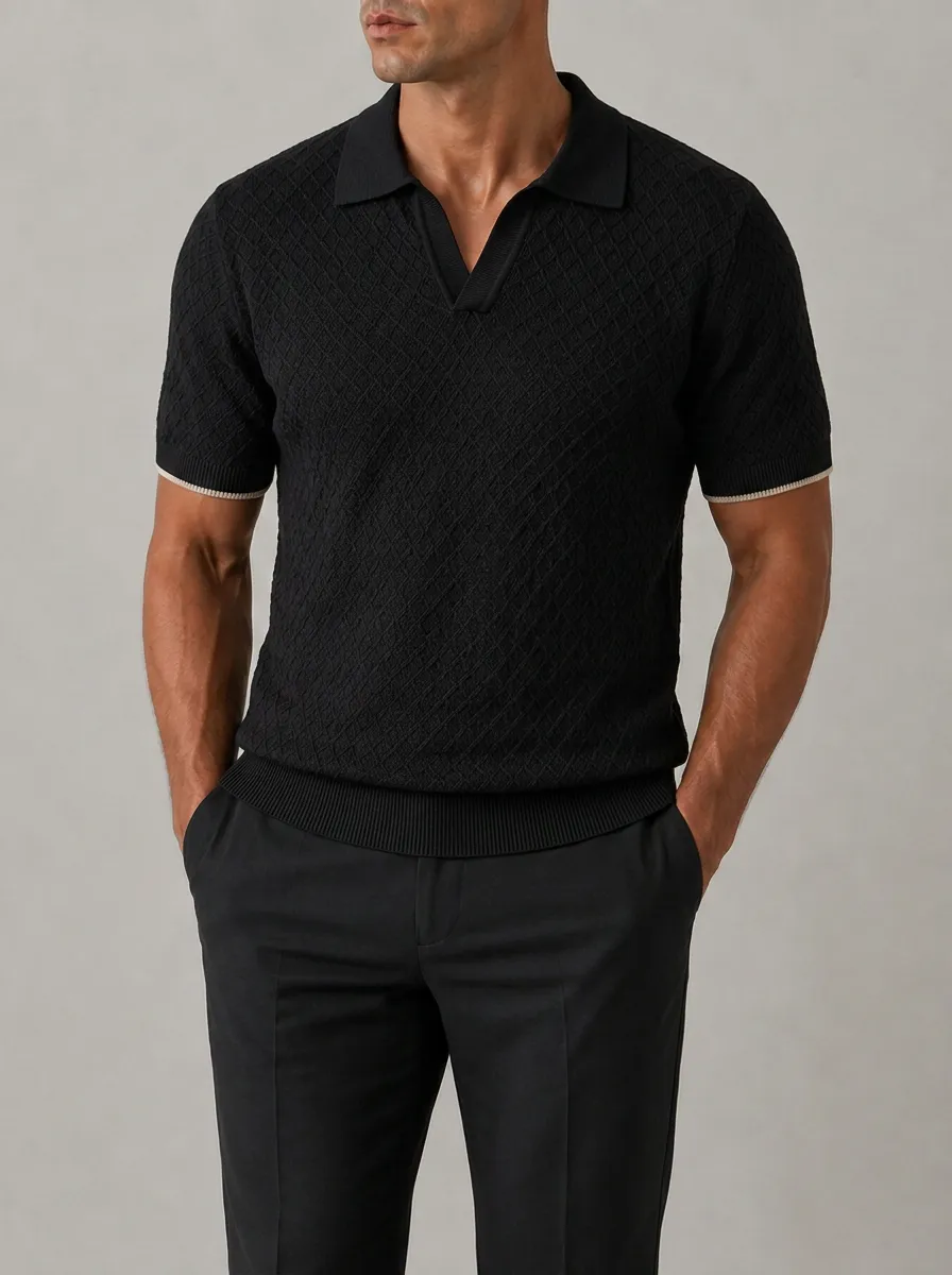 Men's Black Diamond Textured V-Neck Knitted Polo Shirt
