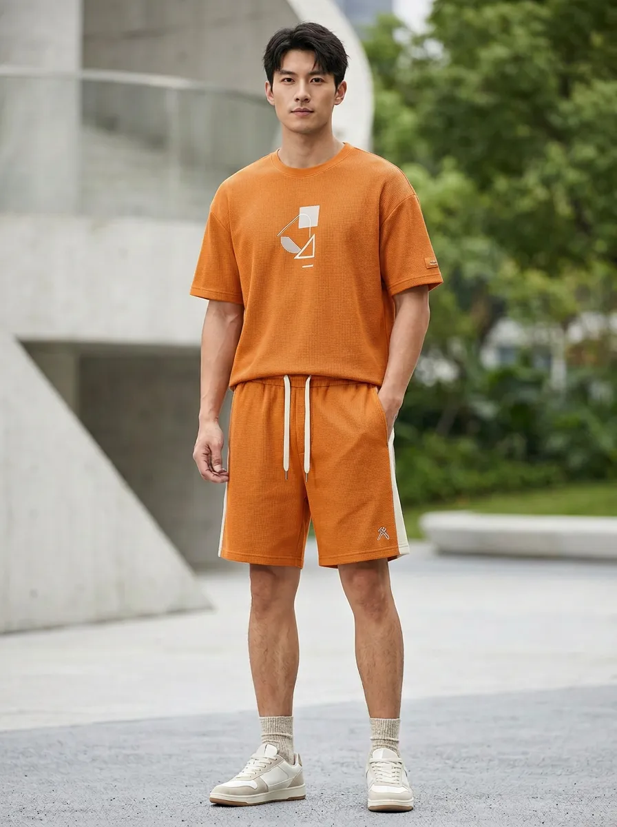 Casual Waffle Texture Geometric Pattern Set Men's T-Shirt And Shorts Set
