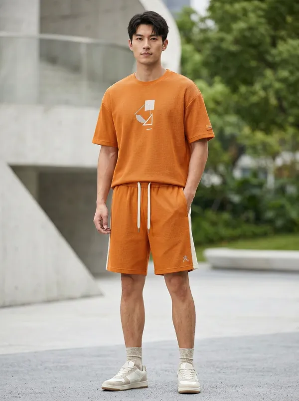 Casual Waffle Texture Geometric Pattern Set Men's T-Shirt And Shorts Set
