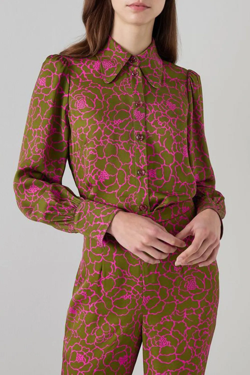 Pink Patterned Long Sleeve Button Down Blouse