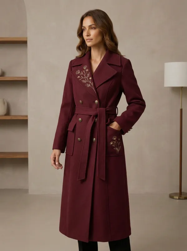 Women's Floral Gold Embroidered Printed Coat