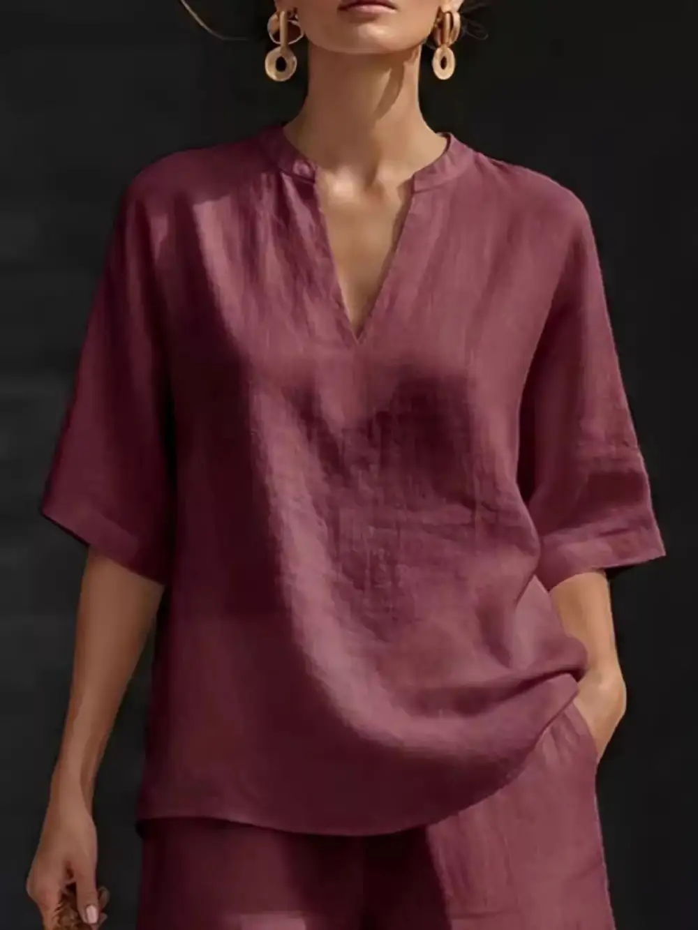 Notched Half Sleeve Top and Shorts Set