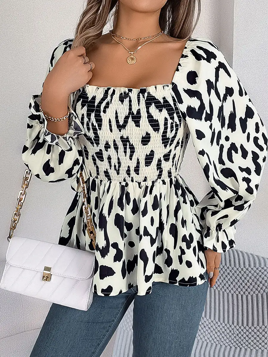 Long Sleeve Puff Sleeve Leopard Pleat Detail Ruffle Square Neck T-Shirt