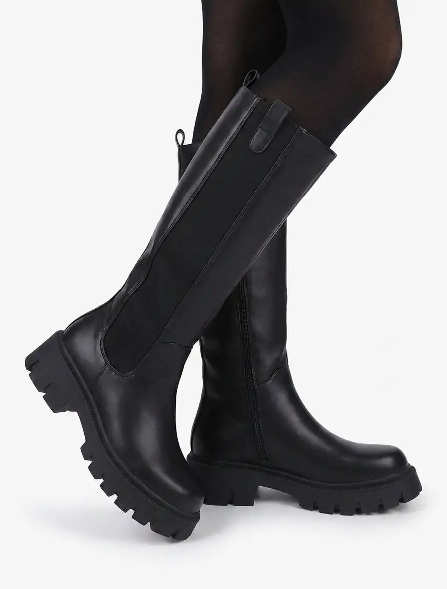 Urban Stretch Panel Block Heel Faux Leather Knee High Boots